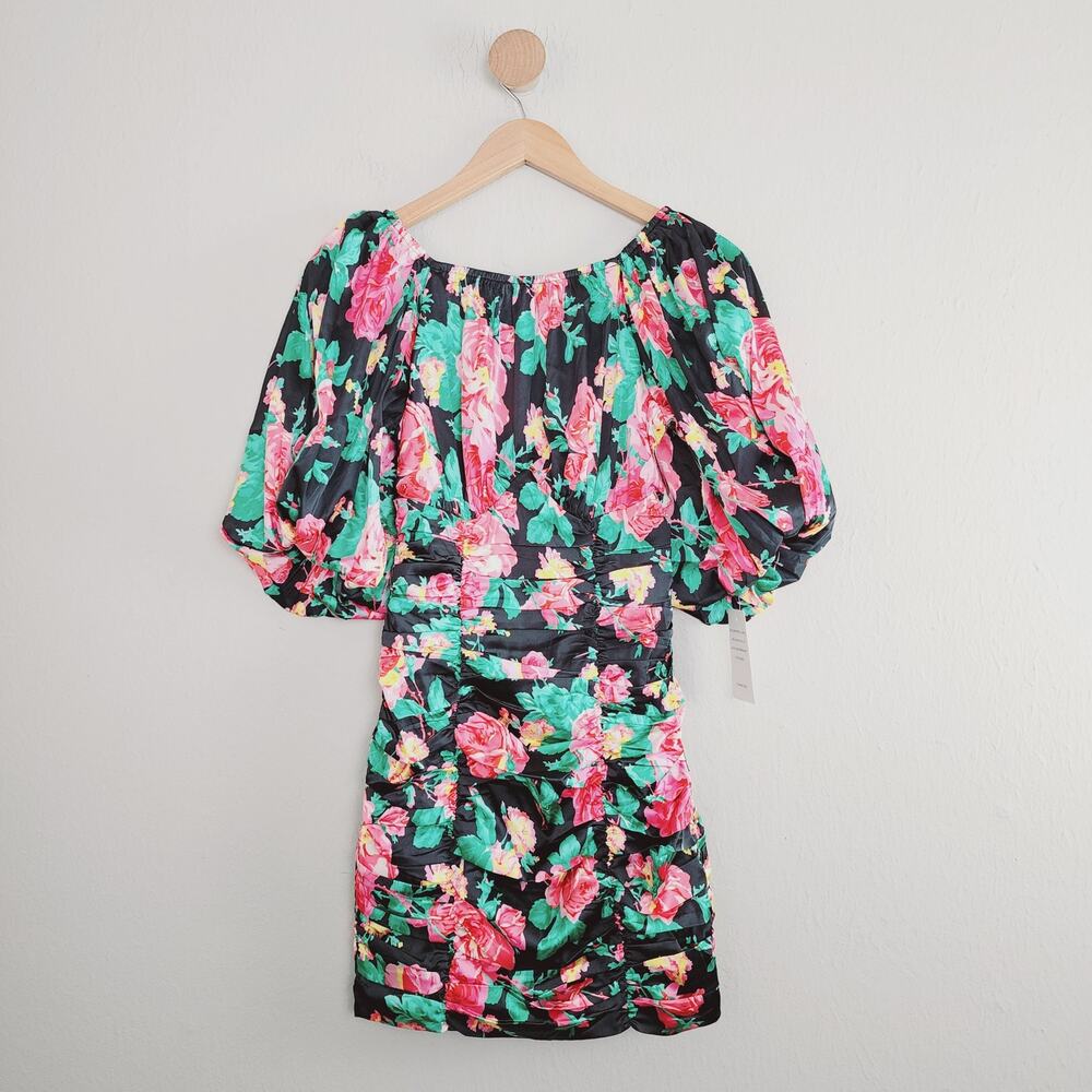 For Love & Lemons Jolie Floral Mini Dress NWT Black Pink Rose Puff Sleeve XS